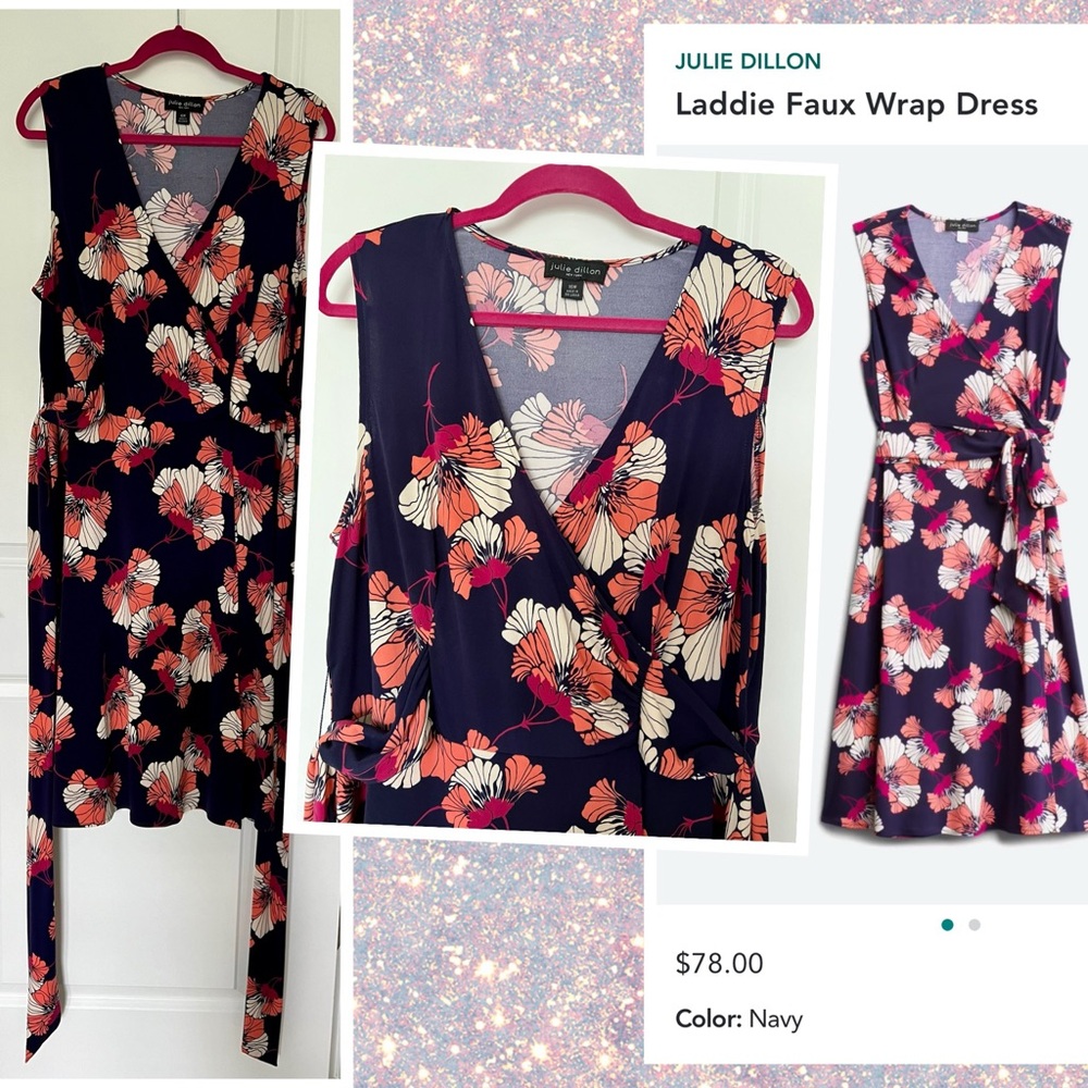 Julie Dillon Navy Coral Pink Faux Wrap Dress